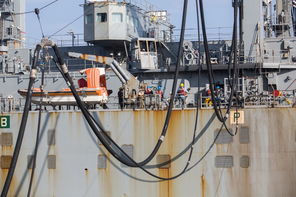 Contractors aboard the USS Robert E. Perry replenish at sea during Amphibious Ready Group/Marine Expeditionary Unit Exercise (ARG/MEU-Ex) to prepare for deployment to 5th and 6th Fleet. Source. USMC, Cpl. Andre Dakis.
