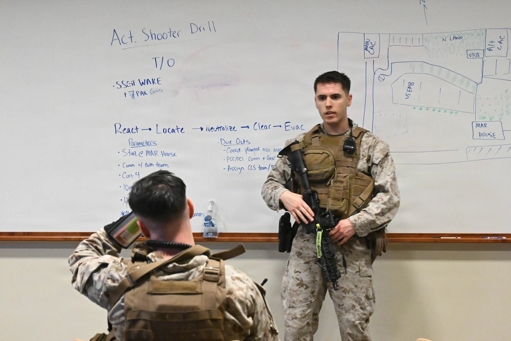 U.S. Marine Corps conducts after-action review during an embassy engagement, anti-terrorism, and security exercise. Source. Navy photo by Mass Communication Specialist 3rd Class Joshua Carabajal.